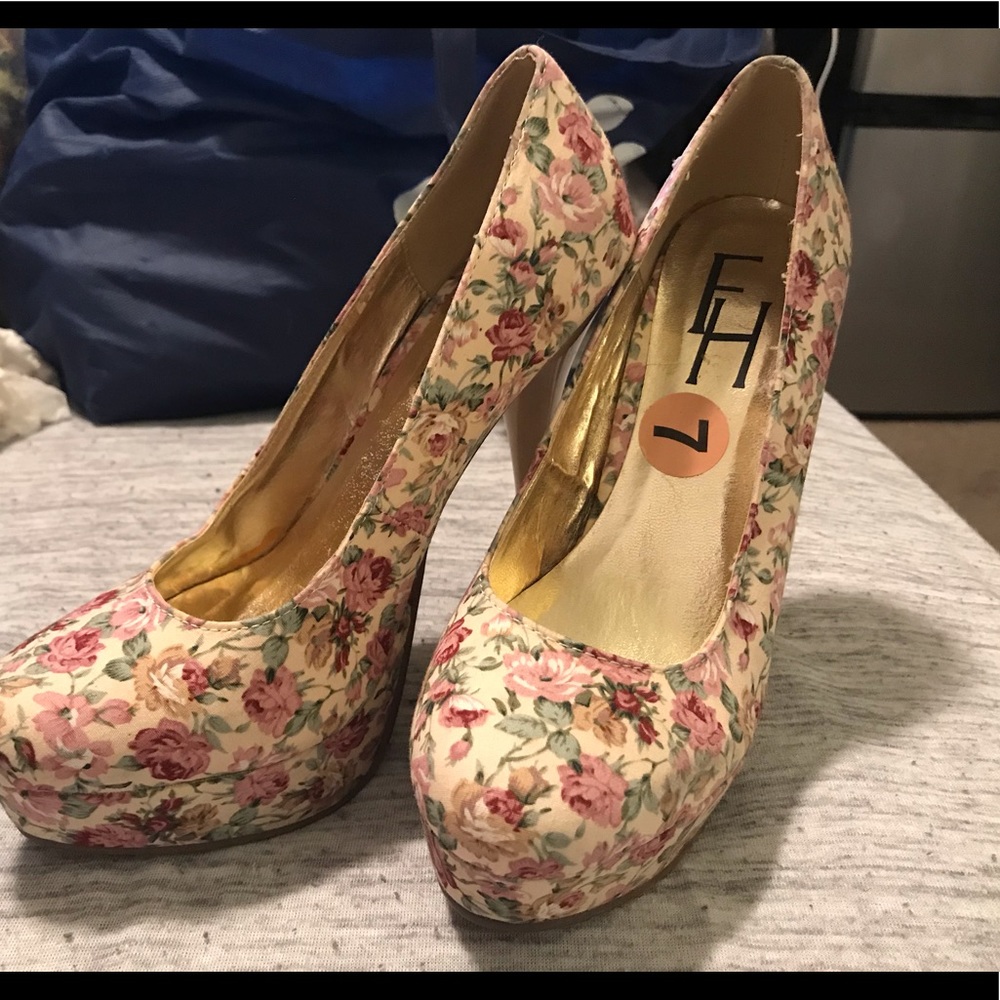 FH Pink Floral Platform Closed Toe High Heel